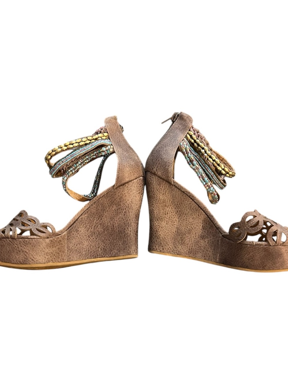 Steve Madden Tan Brown Suede Wedge Sandals with Beaded Fringe - Picture 5 of 6